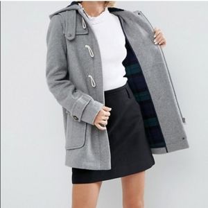 EUC ASOS Blue Duffle Wool Blend Toggle Button Faux Fur Hooded Coat